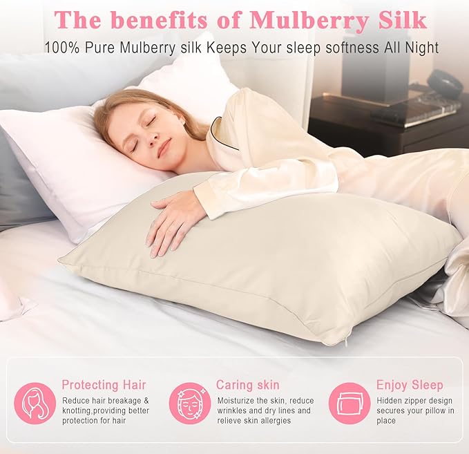 100% Pure Silk Pillowcase 2 Pack for Hair and Skin, Both Sides 23 Momme Grade 6A+ Mulberry Silk Pillowcases with Hidden Zipper, Soft&Smooth Cooling Pillow Cases (Buff Beige, Standard 20x26)