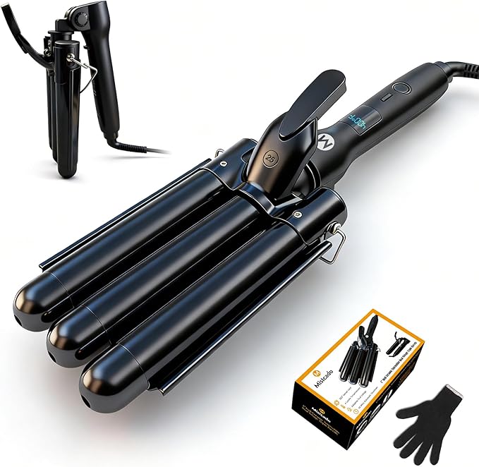 3 Barrel Curling Iron, 1 Inch Ceramic Tourmaline Hair Waver Wand with LCD Temperature Display, Fast Heating Foldable Crimpers for Travel Glove Included (Black)