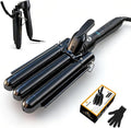 3 Barrel Curling Iron, 1 Inch Ceramic Tourmaline Hair Waver Wand with LCD Temperature Display, Fast Heating Foldable Crimpers for Travel Glove Included (Black)