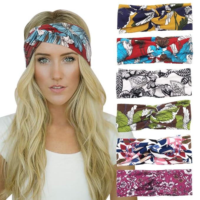 DRESHOW 6 Pack Headbands for Women Boho Headbands Vintage Flower Elastic Workout Yoga Sports Facial Knotted Crocheted Elastic Head Wrap