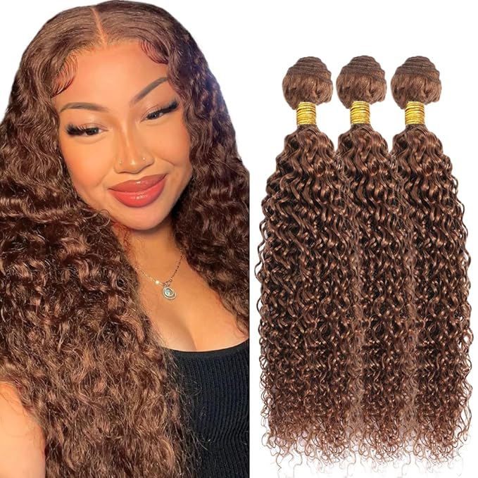 Color #30 Human Hair Bundles Light Brown Water Wave Bundle 26 28 30 Inch Niegmeag Brazilian Virgin Soft and Silky Remy Hair Extensions Color #30 Wet and Wavy Bundle