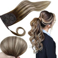 RUNATURE Straight Ponytail Extension Human Hair Balayage Walnut Brown to Ash Brown with Bleach Blonde Short Ponytail Human Hair Extensions 14 Inch 70g Full Ends Thick Pony Tails Hair Extensions Soft