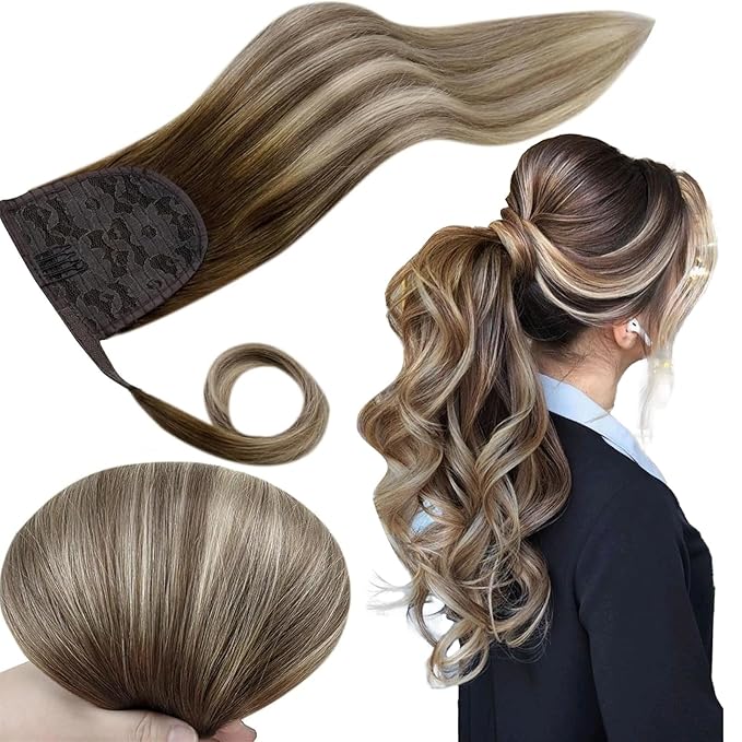 RUNATURE Real Human Hair Ponytail Extension, Balayage Ponytail Extension Real Human Hair with Magic Paste, Wrap Around Hair Ponytail for Women, 20 Inch 80g #3/8/22