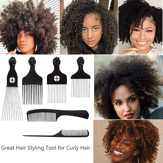 COOKOO 6 Pack Mixed Metal Afro Hair Pick Hair Comb for Women and Men for Thick Natural Curly Hair Detangle Wig Anti Static Styling Comb Pick