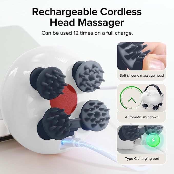 Scalp Massager, Head Massager Scalp, Tangle Resistant Design, 3 Massage Speed, Portable Head Massager, Hair Massagers with 12 Detachable Claws A Ideal Gift for Your Wife, Mom, Husband, Dad
