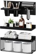 Puricon Floating Bathroom Shelves with Hair Dryer Holder, 3-Tier Rustic Wood Wall Mounted Organizers Set, Space Saving Over-Toilet Storage and Home Decor Hanging Rack -Black