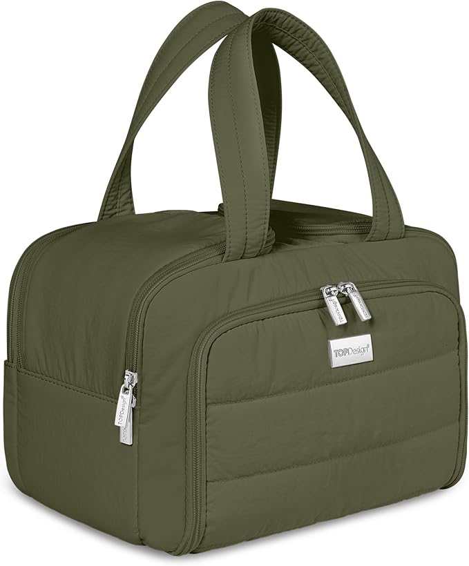 TOPDesign Travel Toiletry Bag for Women, Puffer Large Toiletry Bag, Lightweight Cosmetic Makeup Organizer with Handle for Traveling, Accessories, Essentials, Toiletries (Dark Green)