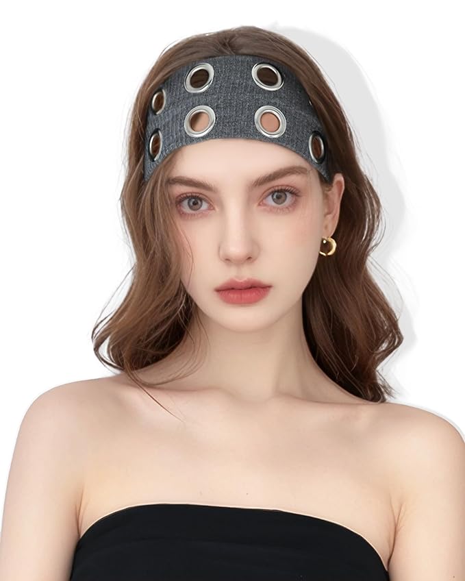 Grommet Headband for Women, Wide Grey 20cm Hollow Out Elastic Hair Band, Eyelets Punk Grunge Stylish Hairband