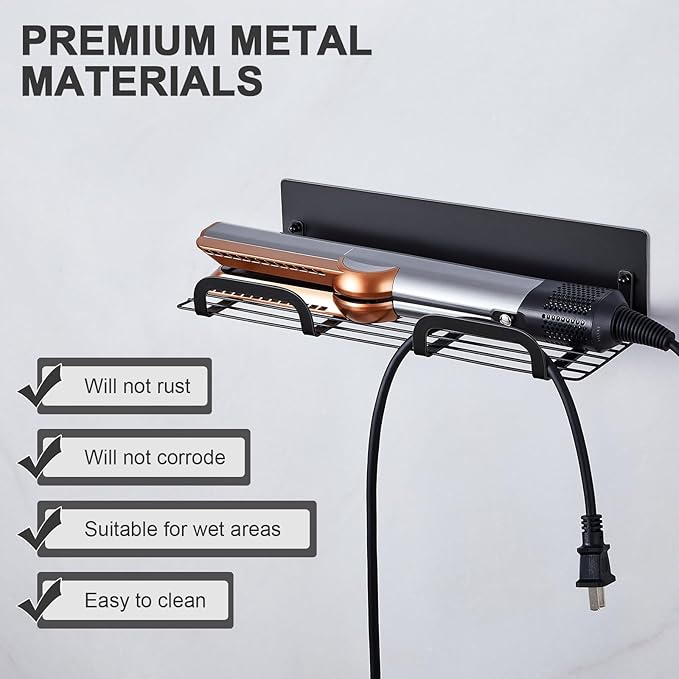 Straighteners Holder Wall Mounted Metal Hair Dryer Holder for Curling Wands Accessories Adhesive Curling Iron Holder Hair Tool Organizer for Vanity Bathroom Barber Shops (Black)