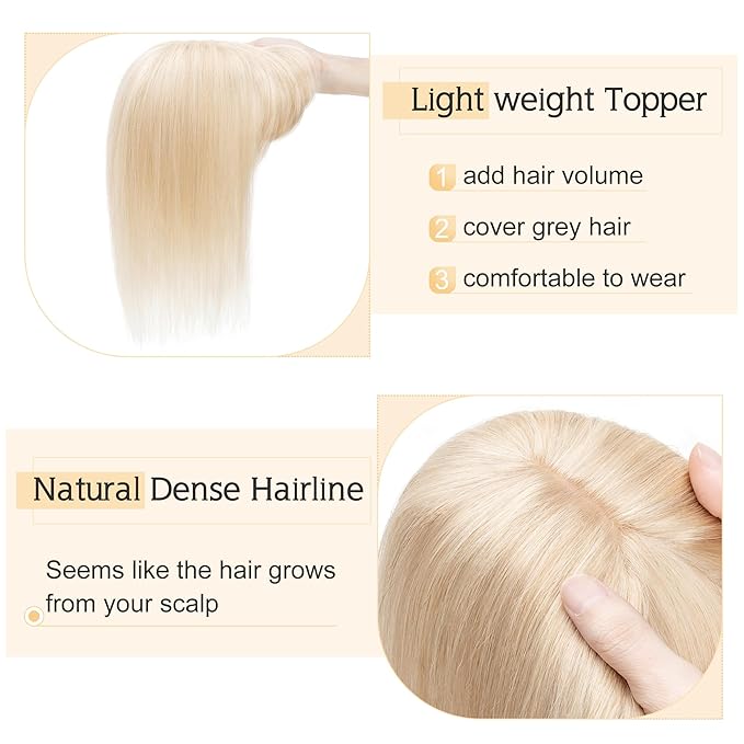 SEGO Hair Toppers for Women Real Human Hair With Bangs, 7 * 13CM Silk Base 100% Remy Human Hair Clip in Top Wiglet Hairpieces Add Volume //6 Inch Ash Blonde&Bleach Blonde