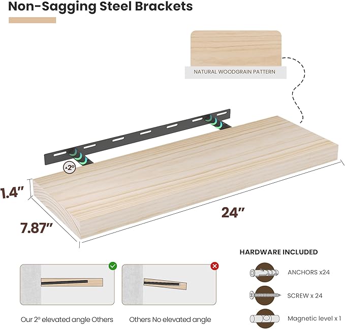Natural Wood Floating Shelves 24”x 8”x 1.4” Book Shelf Floating for Wall Mounted, Heavy Duty Shelf Hold 60 lbs, Unfinished Wall Shelves for Bathroom, Living Room, Kitchen, Bedroom, Office
