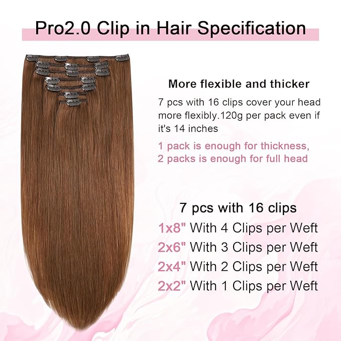 Pro2.0 Clip in Hair Extensions Real Human Hair 20inch 7pcs Color #33 Dark Auburn Copper Remy Real Human Hair Extensions Clip ins 120g Thick Seamless Double Weft for Women（#33-20inch）