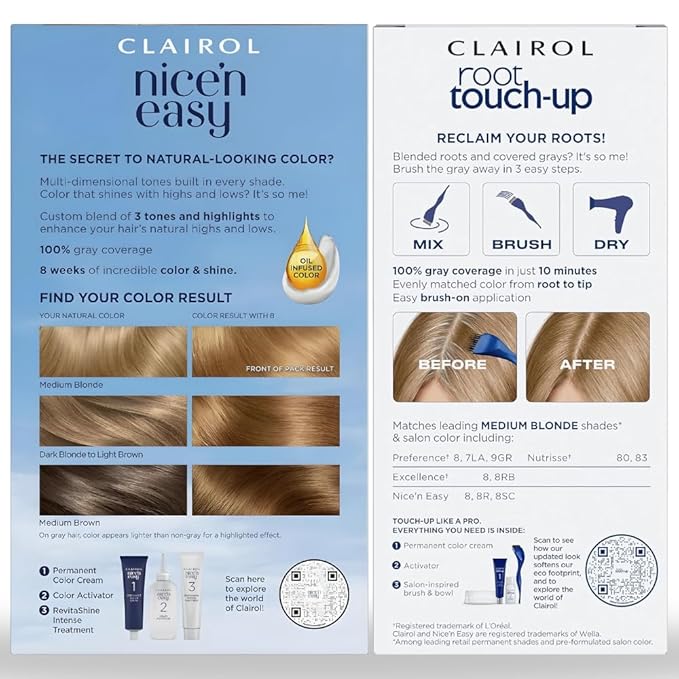 Clairol Nice'n Easy 8 Medium Blonde Permanent Hair Dye & Root Touch-Up Multi-Pack Bundle