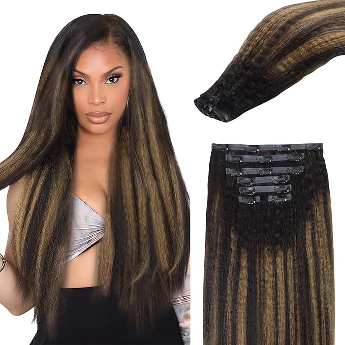 Lashey Seamless Clip in Hair Extensions Human Hair Kinky Straight 110g 7pcs 16 Inch Natural Black Mixed Chestnut Brown Clip in Hair Extensions with Soft PU Weft