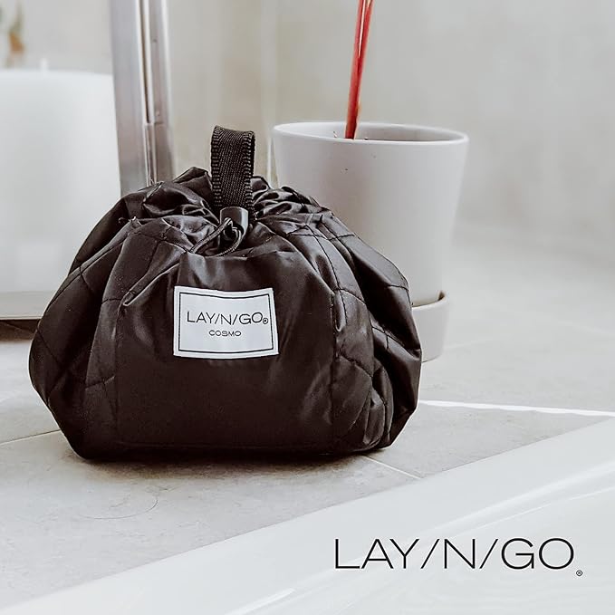 Lay-n-Go Cosmo Layflat Drawstring Cosmetic & Makeup Bag Organizer w/Zipper Pocket, Brush Loops & More, Cinch to Close, Lay Flat to Use, Durable, Machine Wash, Travel Toiletry Bag (20", Pink)