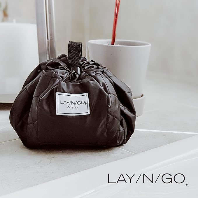Lay-n-Go Cosmo Drawstring Cosmetic & Makeup Bag Organizer - Portable Drawstring Bag w/Zipper Pocket, Makeup Loops & More - Durable, Machine Washable Toiletry Bag for Travel (20", Metallic Gold)