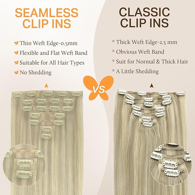 DOORES Human Hair Extensions, Ash Blonde Highlighted Platinum Blonde 110g 7pcs 22 Inch, Seamless Clip in Hair Extensions Straight Remy Clip ins with Invisi Edge