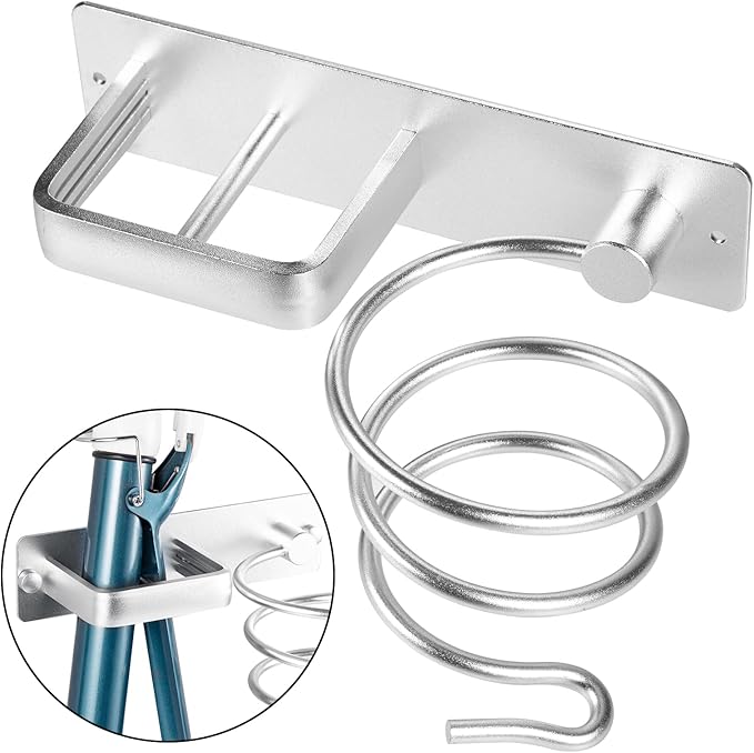 YUET Hair Dryer Holder Hairdryer Station Wall Mounted Spiral Shelf Bracket Stand Hanger Straightener Organizer Blow Storage with Holes Rack For Bathroom Aluminum Professional (Silver)