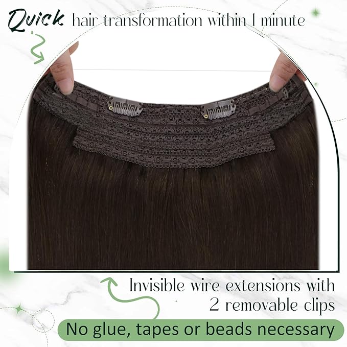 RUNATURE Invisible Wire Hair Extensions Human Hair, 14 Inch 70g One Piece, Brown Wire Hair Extensions Soft Natural Looking, Seamless Fish Line Hairpiece for Women #2 Dark Brown