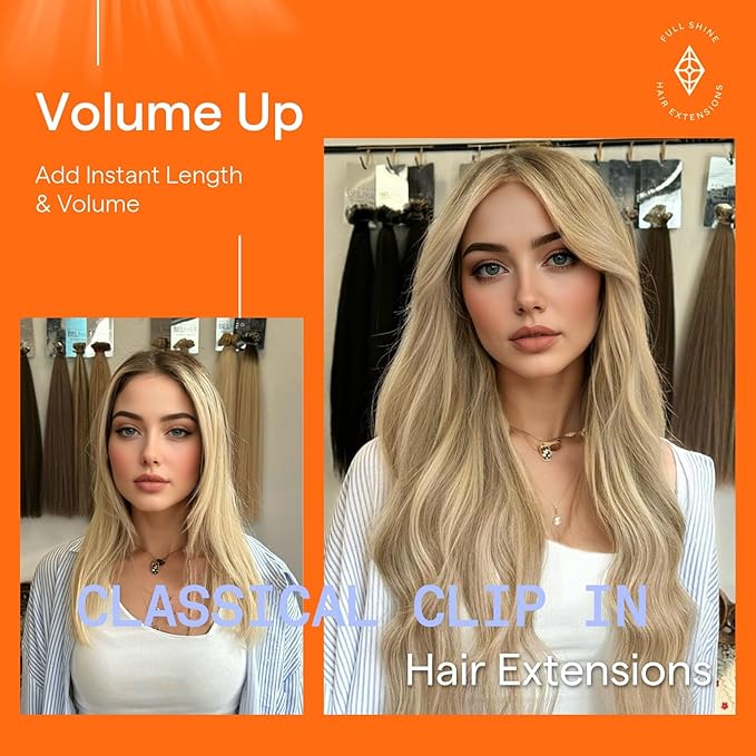 Full Shine 20 Inch Clip in Human Hair Blonde Real Hair Extensions Dirty Blonde Highlighted 7 Pcs Double Weft Brazilian Remy Hair Soft Straight Invisible Hair