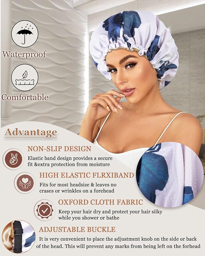 Large Shower Caps for Women Reusable Waterproof Satin Lined Shower Cap with Adjustable Band Double Layer Design Luxury Washable Bath Hair Bonnet (Blue Flower)