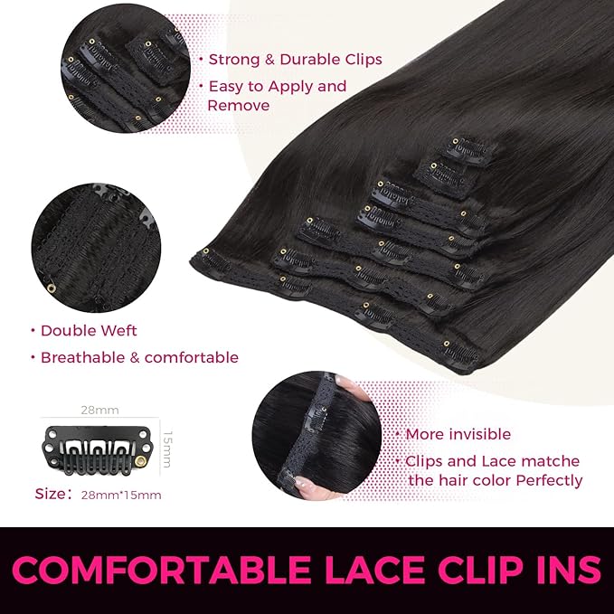 Lashey Light Yaki Clip in Hair Extensions 20 Inch 7pcs Human Hair Straight Natural Black Clip ins for Thin Hair Extensions Real Human Hair