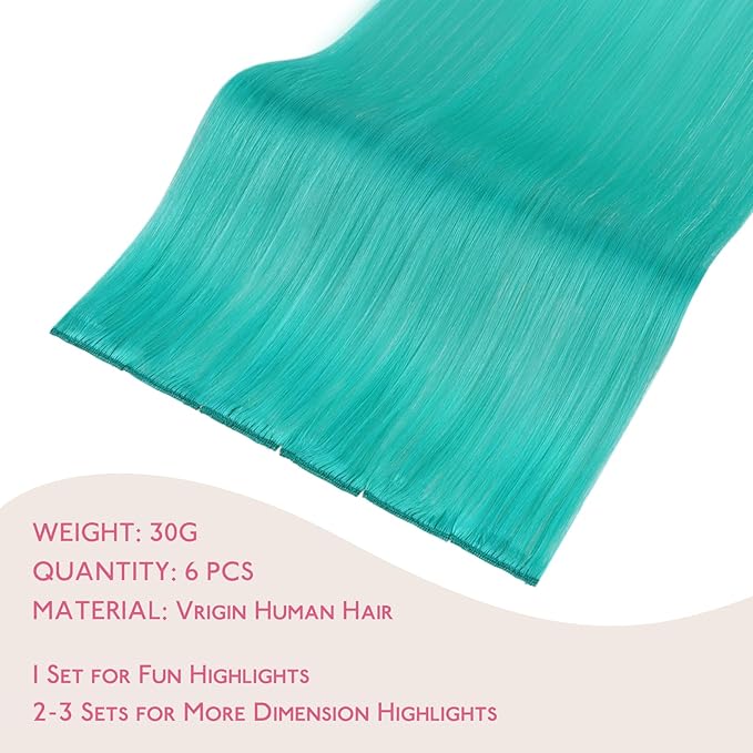 WENNALIFE Teal Green Clip in Hair Extensions Real Human Hair 35g 6pcs 18 Inch Colored Hair Extensions for Kids Women Colorful Hair Pieces Pop-up Style Straight Extensiones De Cabello Humano Con Clip