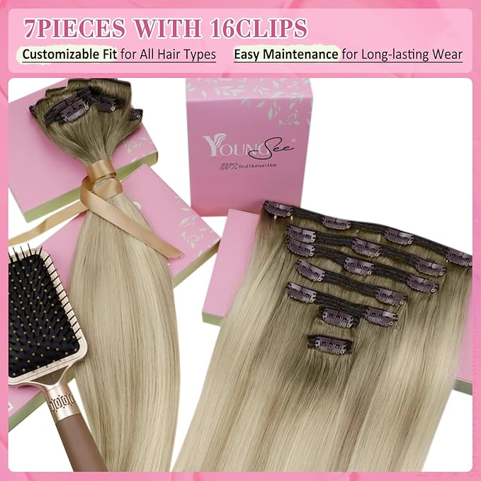 YoungSee Clip in Hair Extensions Real Human Hair Blonde Ombre Clip in Human Hair Extensions Ombre Ash Blonde Mix Platinum Blond Clip on Hair Extension for Women Dyable Remy Hair 120G 7pcs 18Inch