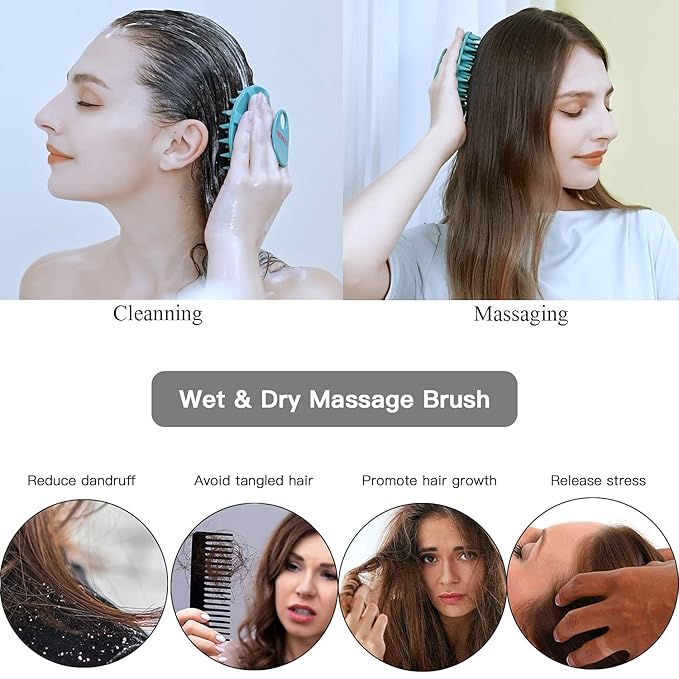 Scalp Massager Shampoo Brush, Wet & Dry Manual Scalp Care Head Scrubber Hair Washing, Soft Silicone Bristles, for Hair Growth, Dandruff Removal, Comfortable for All Hair Types (Dark Green+Pink)