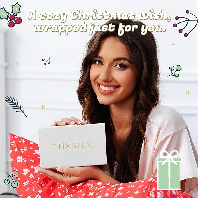 THXSILK Christmas Style 6A+ Grade Mulberry Silk Pillowcase for Hair and Skin, 22 Momme 100% Pure Silk Pillow Case with Hidden Zipper, Christmas Holly Printed Pillow Cover, Red， King