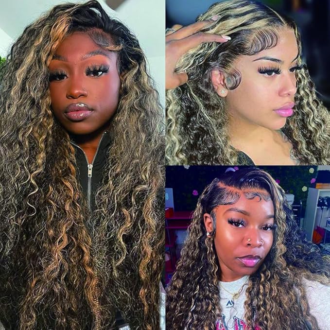 bangjazz 13x4 Deep Wave Lace Front Wigs Human Hair 180% Density Curly Lace Frontal Human Hair Wigs for Black Women #Fb/27 Human Hair HD Lace Wigs Black with Blonde Colored Lace Frontal Wig 18 Inch