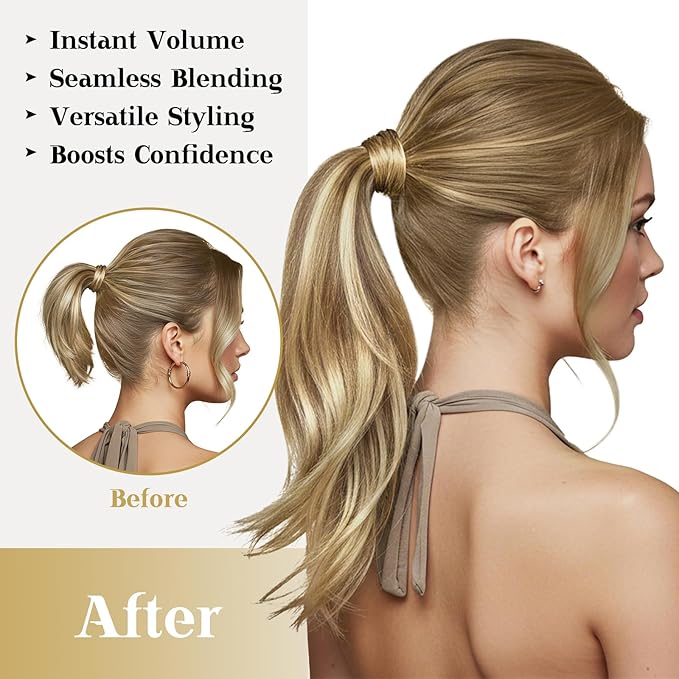 Ve Sunny Hair Extensions Ponytail Real Human Hair Wrap Around Clip in Ponytail Hair Extensions Straight Extensions Human Hair for Women Chestnut Brown Ombre Platinum Blonde Balayage 18inch 80G
