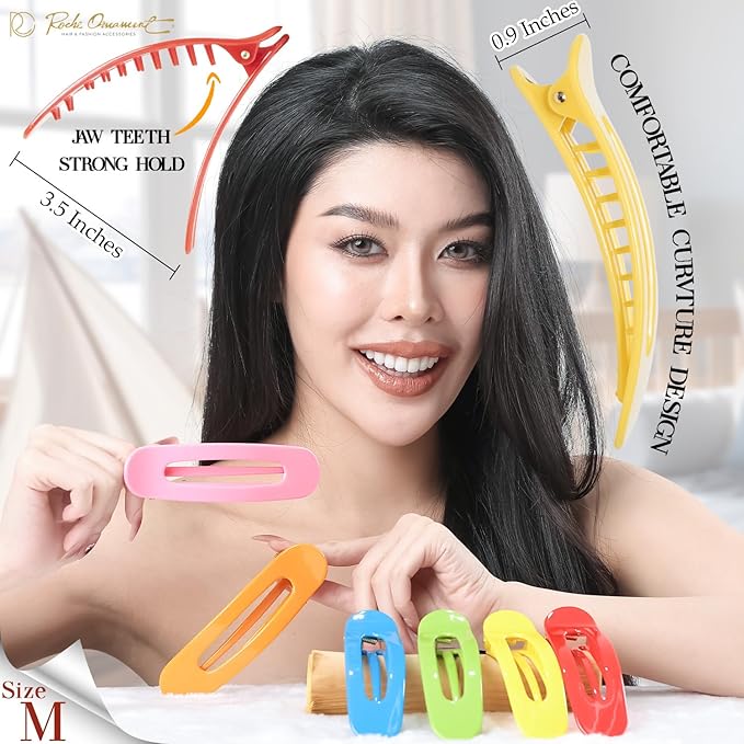 RC ROCHE 6 Pcs Flat Claw Hair Clips for Women Lay Down Barrettes No Crease Side Slide Thick Long Hair Duckbill French Against Head Jaw Claw Styling Clamp, Medium Rainbow