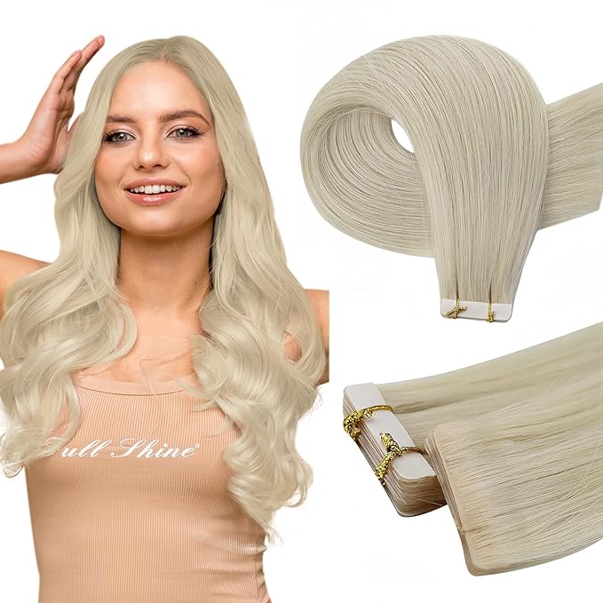 Full Shine Injected Tape in Hair Extensions Color 1000 Blonde Machine Virgin Human Hair Tape in Extensions 20Grams Seamless Skin Weft Hair Extensions 14Inch 10Pcs Extensions Tape ins