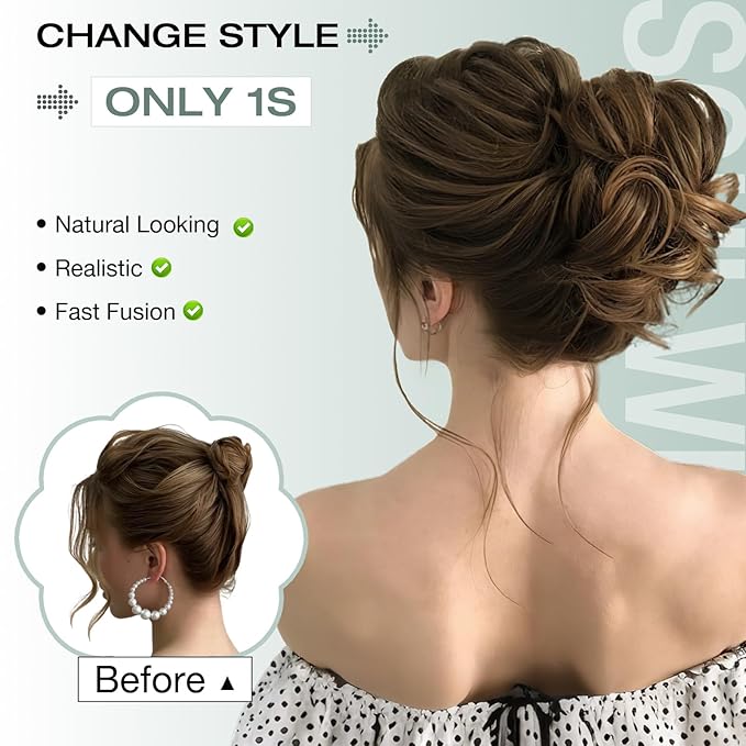 Messy Bun Hair Piece Wavy Curly Scrunchies Fluffy Donut Thick Updo Elegant Chignon Hairpieces for Women Girls, Light Brown Mix Light Auburn 1.4oz