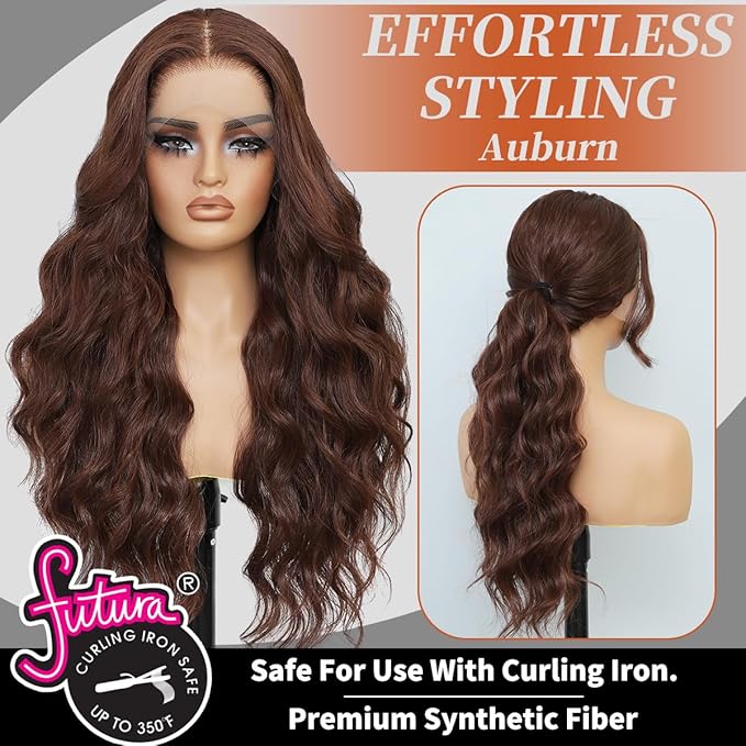 Synthetic Lace Front Wigs Pre Plucked 13x4 HD Lace Long Wavy Auburn 100% Futura Premium Wigs For Black Women Ready to Wear Beginner Friendly 26 Inch Daily Party Use