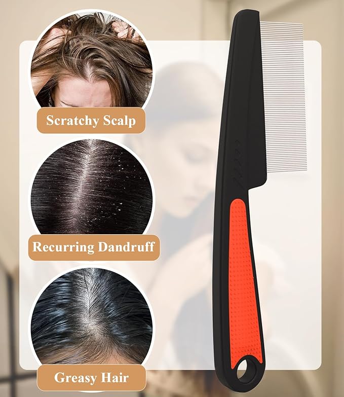 Dandruff Comb Fine Tooth Scalp Detox Comb Lice for Women, Men & Kids Stainless Steel Scalp Detoxing, Sweep & Massage Hair Brush Tool for Hair Care (Red 1PC)