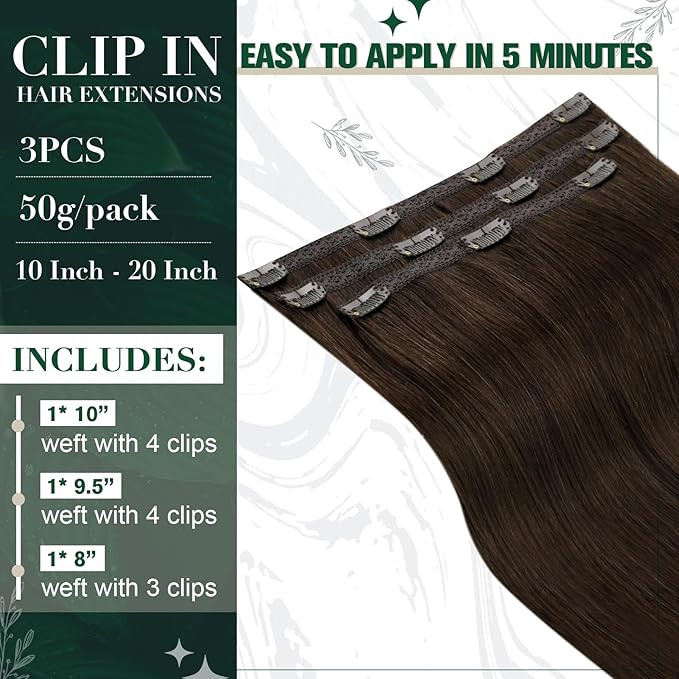 RUNATURE Clip in Hair Extensions Real Human Hair, Brown Hair Extensions Clip Ins, Double Weft Human Hair Clip in Extensions, Remy Natural Hair, Add Hair Length, 18 Inch 50g 3pcs #2 Dark Brown