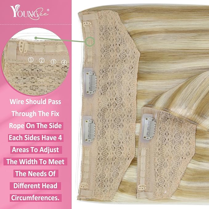 YoungSee Wire Hair Extensions Real Human Hair Balayage Wire Hair Extensions Ombre Medium Brown to Blonde Balayage with Brown Fish Line Human Hair Extension 20 Inch 100g