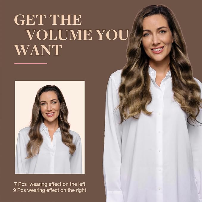 GOO GOO Clip in Hair Extensions Real Human Hair, Remy Human Hair Extensions Clip ins for Women, Natural Human Hair, 24inch 150g 9Pcs, #4/27/4 Balayage Chocolate Brown to Caramel Blonde