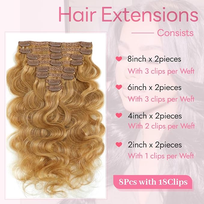 Clip in Hair Extensions Real Human Hair Body Wave 27 Honey Blonde Clip in 100% Brazilian Remy Human Hair Extensions 8pcs Per Set with 18 Clips Double Weft 22 Inch 110g/3.6oz