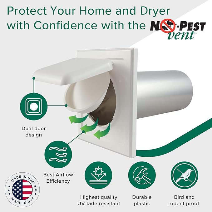 NO-PEST VENT, Exclusive Dual Door Dryer Vent Cover Outdoor 4 inch, Made in USA w Highest UV Resistant Plastic in any Outdoor Vent Cover, No Lint Collecting Screen (Tan, 4” Metal Vent With Duct Tube)