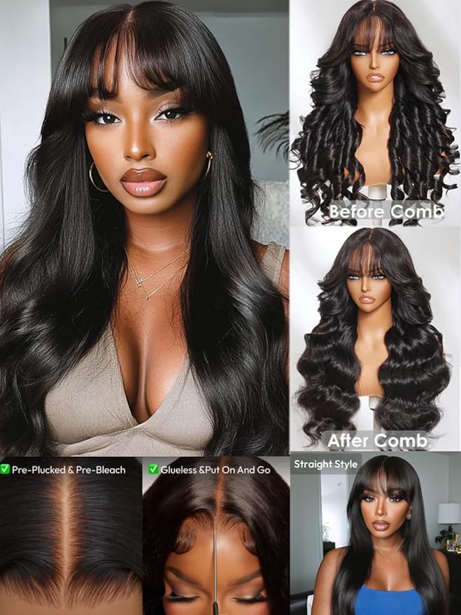 KLAIYI Fluffy Body Wave Curtain Bang Wig Bye Bye Knots Glueless Pre Cut 7x5 Lace Front Wigs Human Hair Loose Wave Pre Bleached Pre Plucked Pre Everything 3S Easy to Wear and Go Wig 180% Density 20Inch