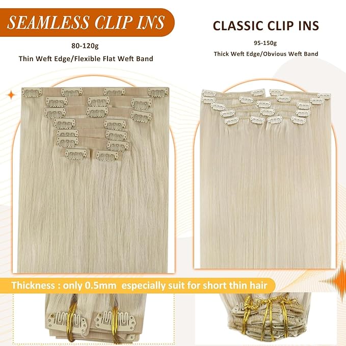 Full Shine Seamless Clip in Hair Extensions Human Hair Blonde 24 Inch Clip in Human Hair Extensions Remy Hair Platinum Blonde Hair with PU Weft 8 PCS 120 G