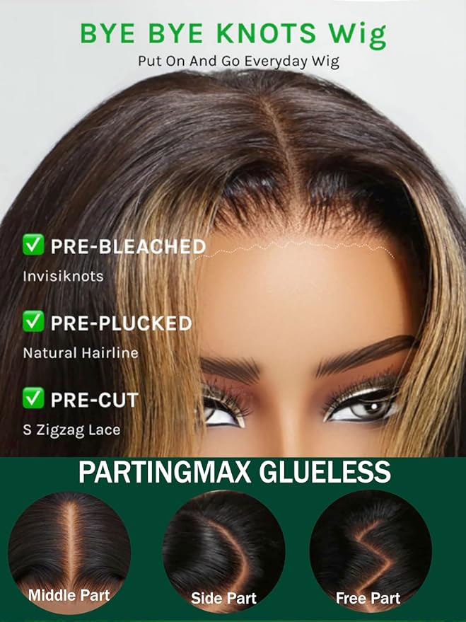 KLAIYI Ombre Highlight Blonde Loose Body Wave Bye Bye Knots Glueless Wigs Human Hair 7x5 Precut Lace Front Pre Plucked Bleached Ready to Wear Go Wig with Face Framing Curtain Bang Caramel Brown 24Inch