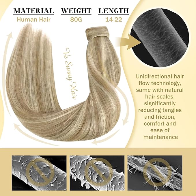 Ve Sunny Hair Extensions Ponytail Real Human Hair Wrap Around Clip in Ponytail Hair Extensions Straight Extensions Human Hair for Women Dark Golden Blonde Highlights 16inch 80G