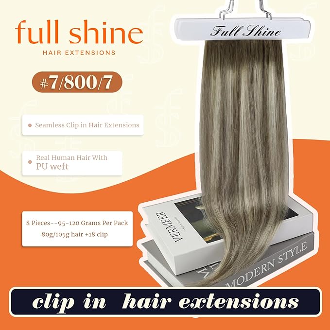 Full Shine Balayage Clip in Hair Extensions 18 Inch Ash Brown to Cool Blonde Real Human Hair with PU Weft Clip in Hair Extension Real Human Hair 8 PCS 120 G