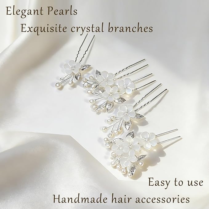 15Pcs Silver Pearl Hair Pins for Wedding Bridal White Flower Hair Pins Decorative, Silver Hairs Accessories Flower Pearl Hairs Clips Gifts for Women, Bridesmaid, Bridal, SilverA