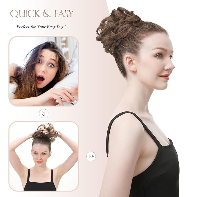 FESHFEN Messy Bun Hair Piece - Elastic Wavy Curly Hair Bun Scrunchies Extensions Synthetic Chignon Hairpieces for Women Girls, Dirty Blonde 1.5 oz