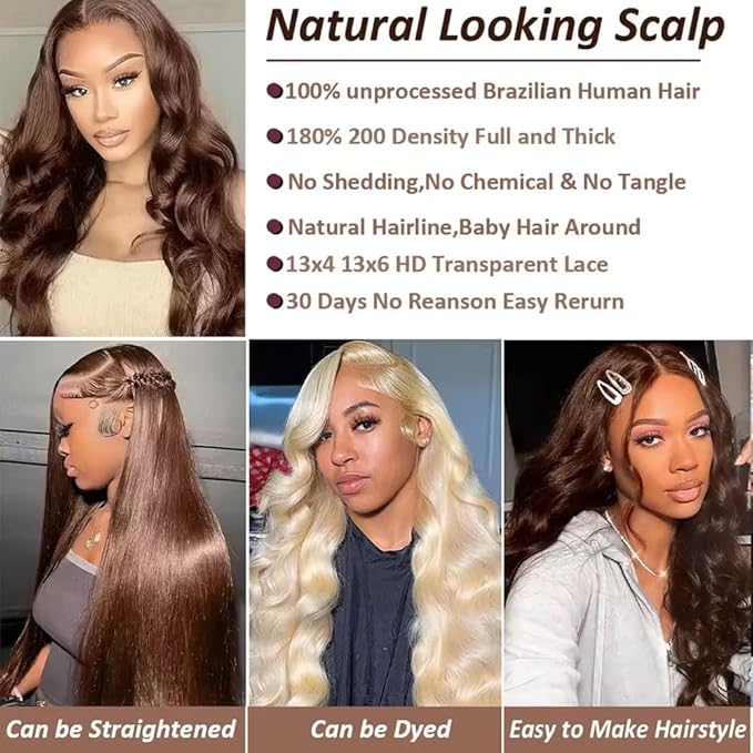 Chocolate Brown Lace Front Wigs Human Hair with Baby Hair 200 Density 13x4 Body Wave Lace Frontal Wigs Pre Plucked Hairline 4# Brown Wig 32 Inch